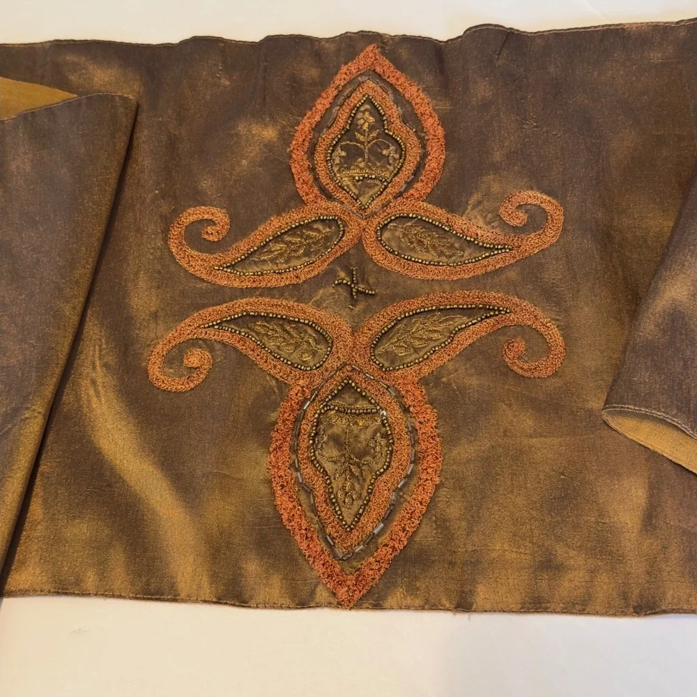 Bronze Beaded Embroidered Table Runner Paisley Copper Tassels India 72x12.5